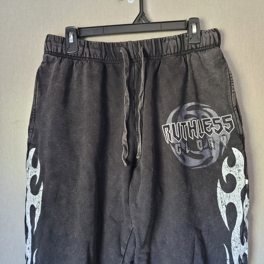 Ruthless Glory Sweatpants Mens Large Black Flame Graphic Streetwear Y2K Bling